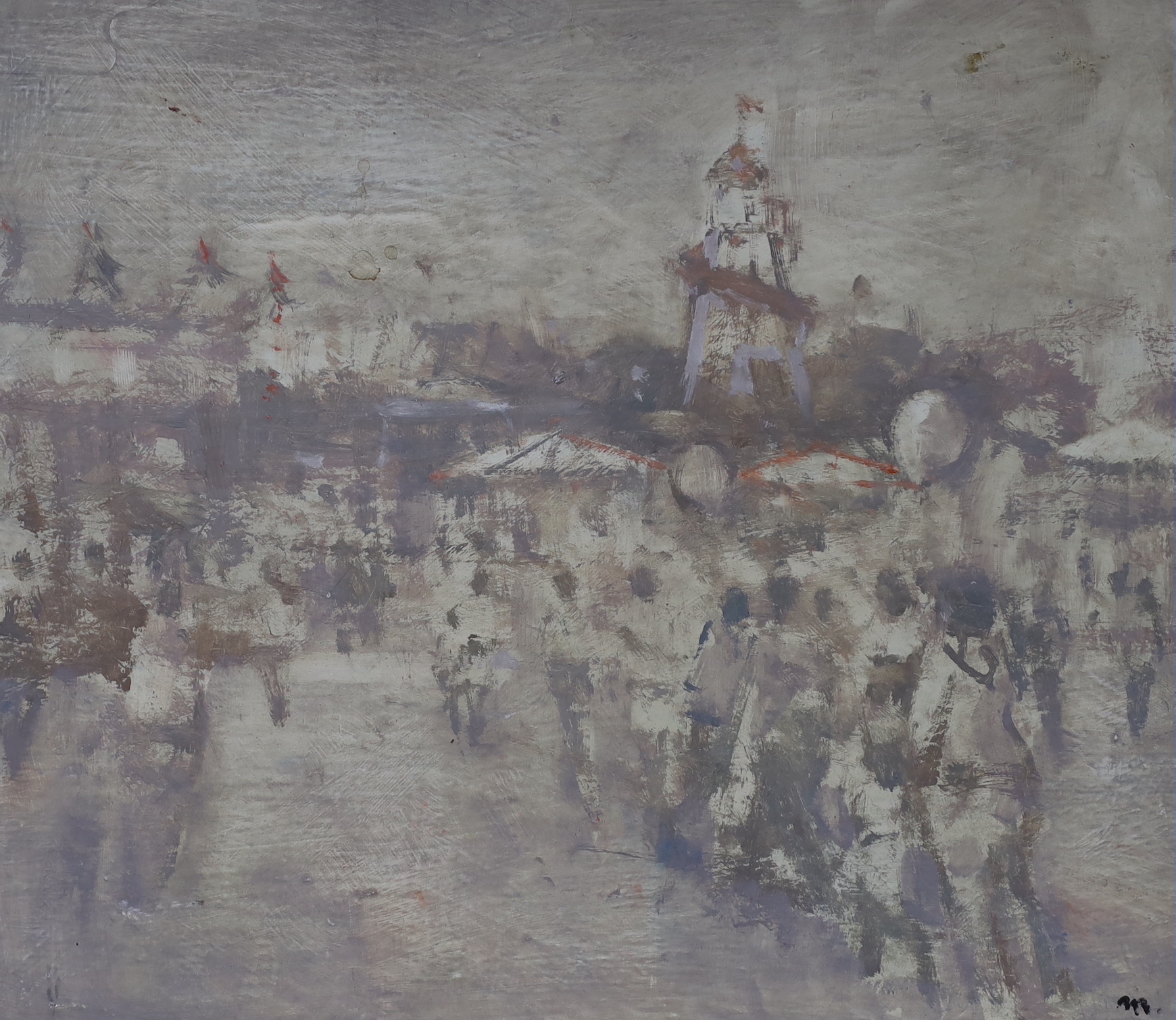 Tony Merrick, oil on fabric laid on board, 'Barnes Fair', signed and inscribed verso, 26 x 31cm, unframed